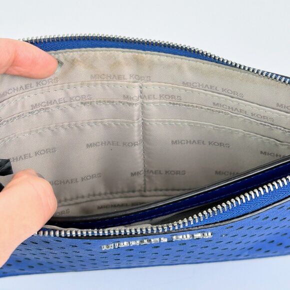 Michael Kors Wristlet Clutch Organizer Pouch w/ Card Slots Cobalt Blue Leather - Picture 4 of 16